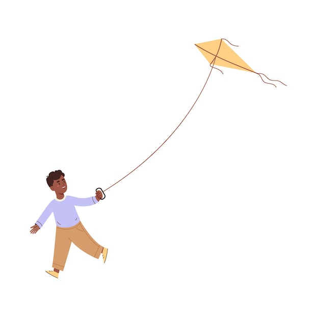 Happy boy flying a kite. Flat vector illustration.