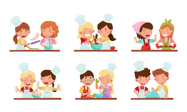 Vector happy boy and girl chef characters wearing apron and hat kneading dough and dressing cake with