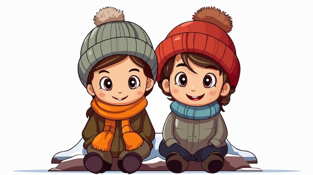 Happy Boy and Girl in Stylish Winter Outfits Sitting Together