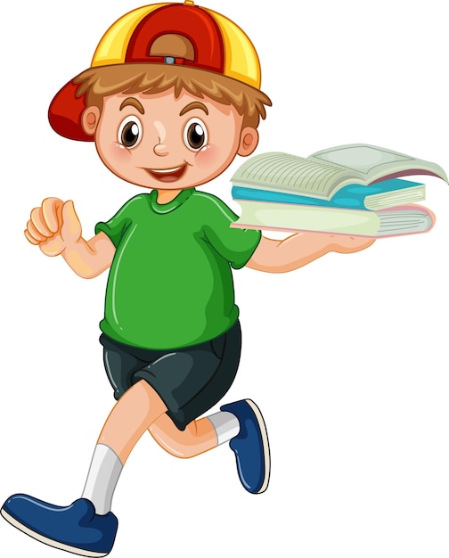 A happy boy holding book cartoon character on white background