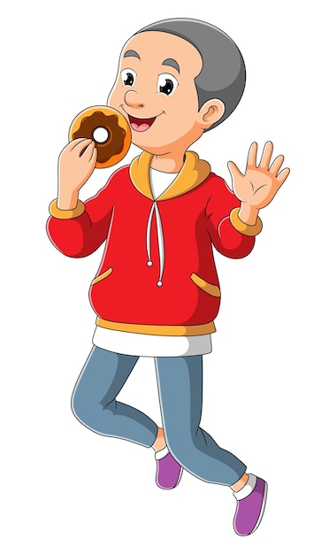 The happy boy is eating the doughnut of illustration