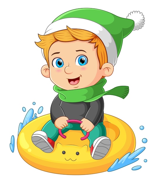 The happy boy is playing the floating tire and driving on the water