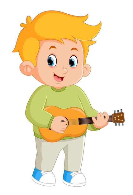 A happy boy is playing the traditional ukulele instrument