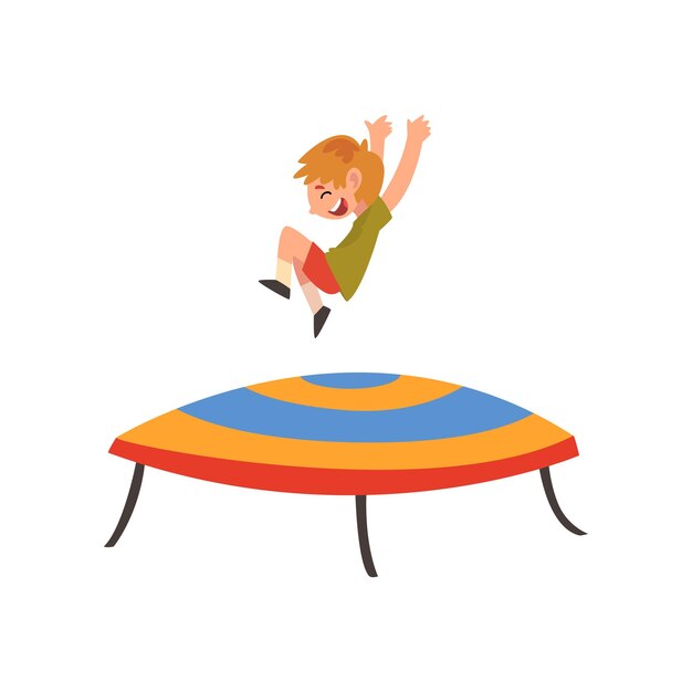 Vector happy boy jumping on trampoline smiling little kid bouncing and having fun cartoon vector illustration on white background