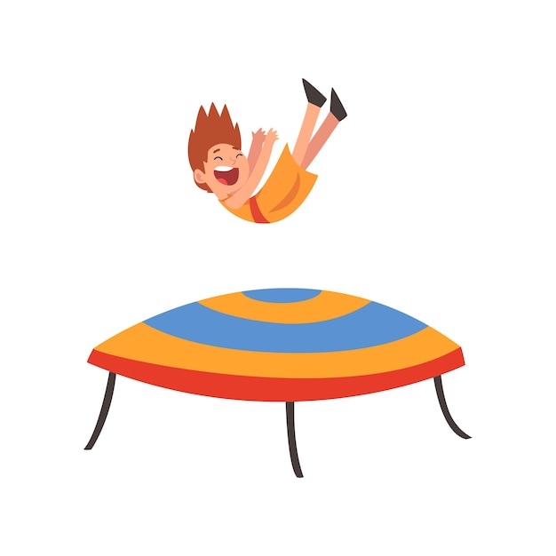 Vector happy boy jumping on trampoline smiling little kid bouncing and having fun on trampoline cartoon vector illustration on white background