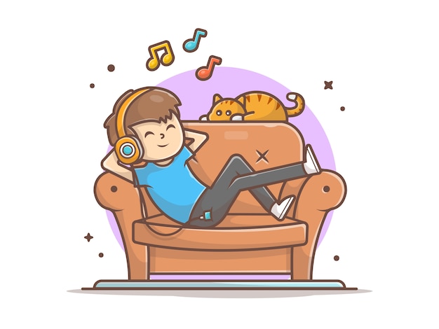 Happy Boy Listening Music On Sofa with Cute Cat, Tune, and Notes of Music  Icon  White Isolated