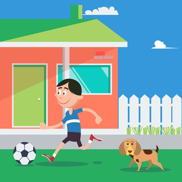 Happy Boy Playing Football with Dog. Vector illustration