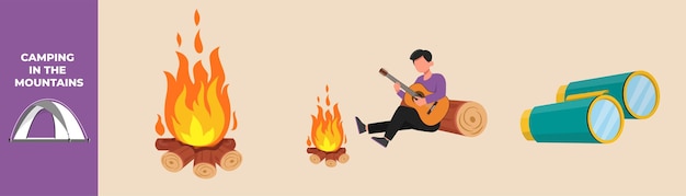 Happy boy playing guitar in front of bonfire and Binoculars Camping equipment set concept Flat vector illustrations isolated