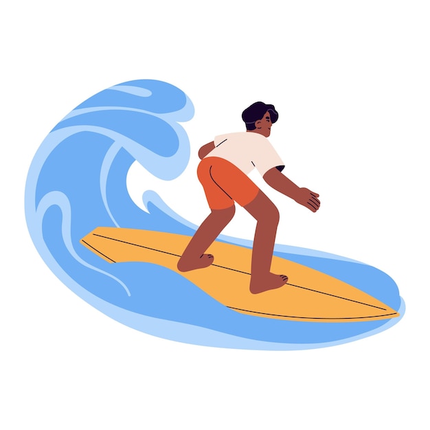 Happy boy riding surfboard catching a wave Active young man surfing on summer holidays Surfer swimming in sea on board Extreme water sport Flat vector illustration isolated on white background