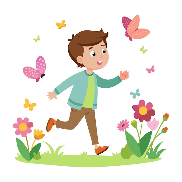 Vector happy boy running with butterflies in a garden illustration