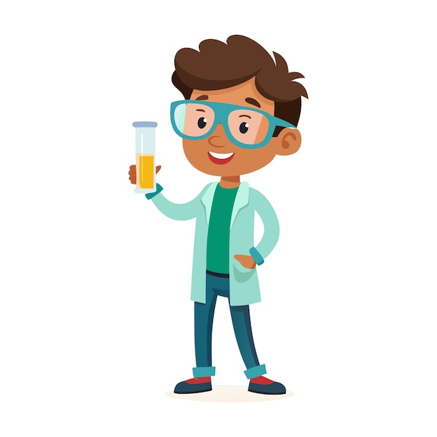 Happy Boy Scientist Holding Test Tube Cartoon Illustration