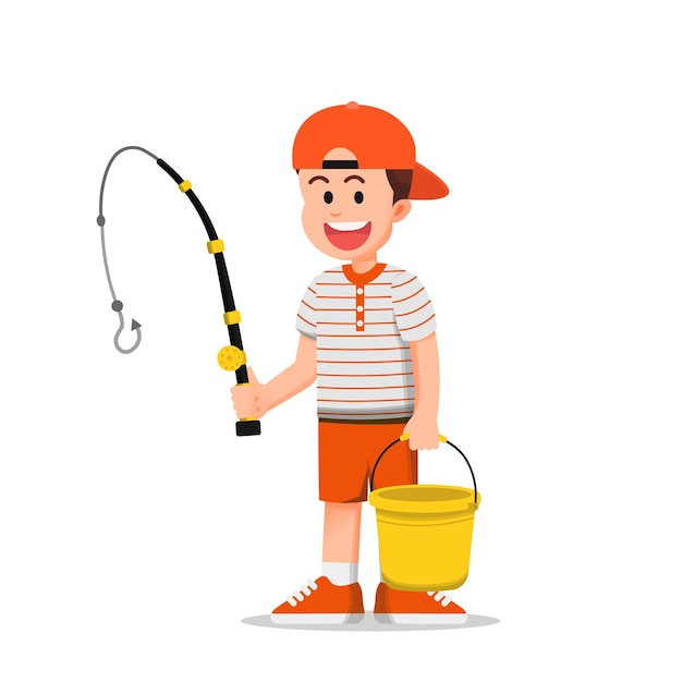 happy boy wearing a hat and holding a bucket and fishing rod