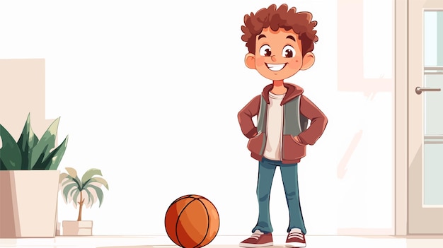 Happy Boy with Hand in Pocket Holding Basketball