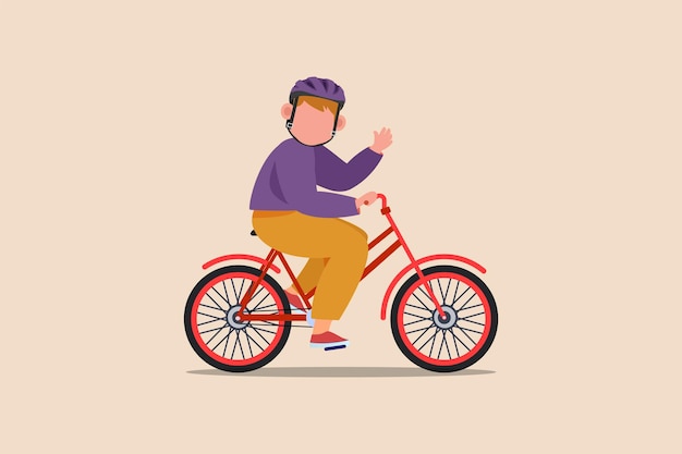 Happy boy with helmet riding bicycle Bicycle activity concept Flat vector illustrations isolated