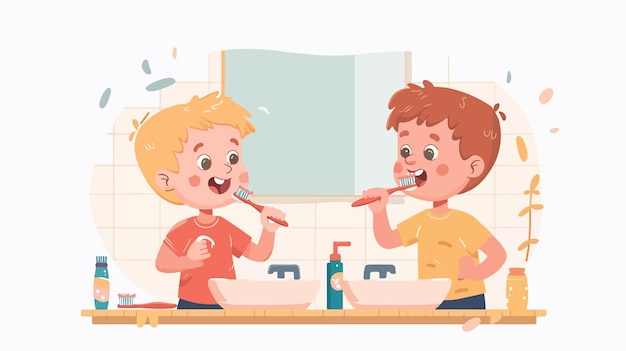 Vector happy boys brushing teeth together smiling kids toothbrushing routine