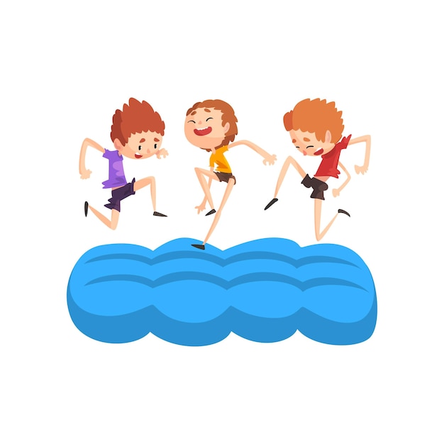 Happy boys having fun on inflatable trampoline vector Illustration isolated on a white background