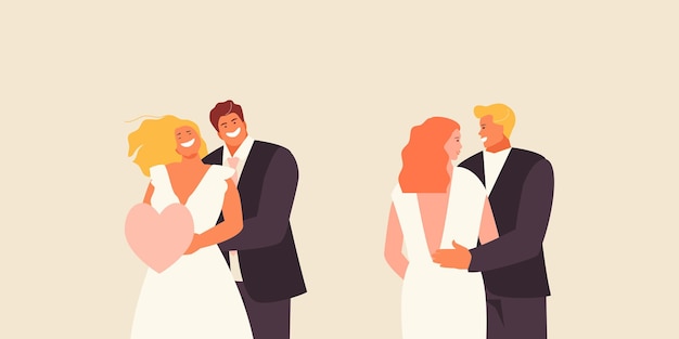 Happy bride and groom set. Newlyweds couples in love vector illustration