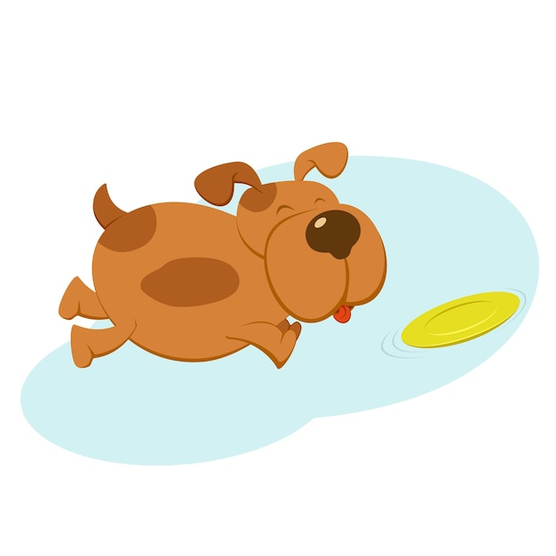 Happy brown dog with a flying saucer on blue background illustration