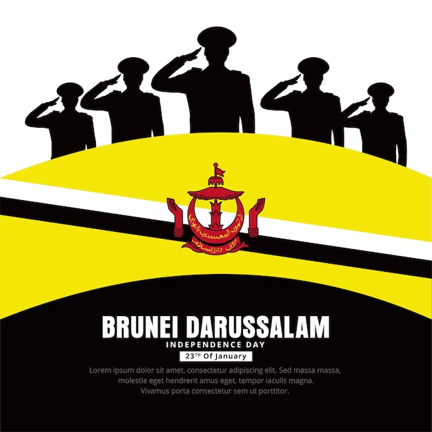 Happy Brunei Darussalam Independence day design with soldiers silhouette and wavy flag vector