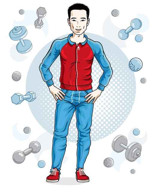 Happy brunet young adult man standing on simple background with dumbbells and barbells. Vector character, sport and fitness theme.