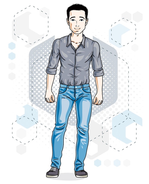 Happy brunet young adult man standing. Vector character wearing casual clothes like jeans and cotton shirt.