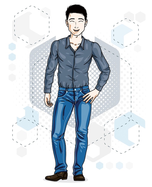 Vector happy brunet young adult man standing. vector character wearing casual clothes like jeans and cotton shirt.