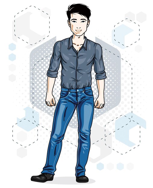 Vector happy brunet young adult man standing. vector character wearing casual clothes like jeans and cotton shirt.