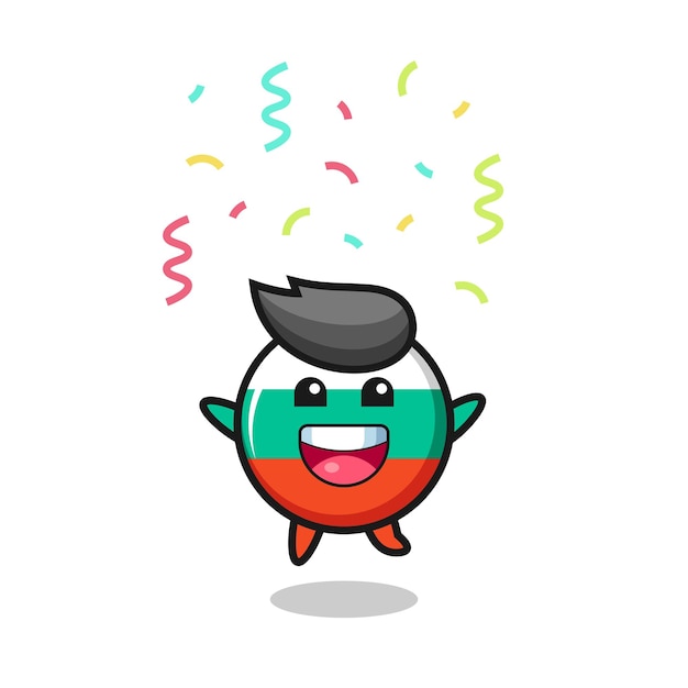 Happy bulgaria flag badge mascot jumping for congratulation with colour confetti