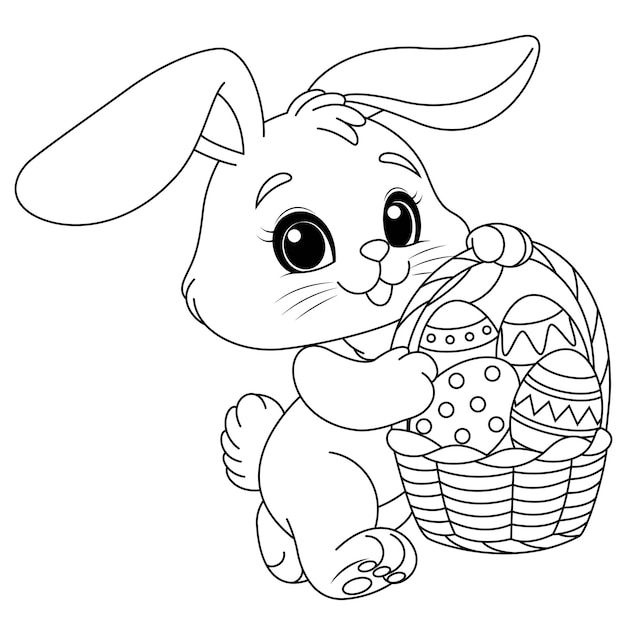 Happy bunny walking with a basket of eggs coloring page