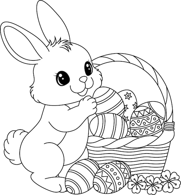 Happy bunny walking with a basket of eggs coloring page