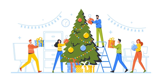 Happy Business Characters Decorate Christmas Tree Together in Office, Prepare for Winter Holidays Celebrating. Friends Hanging Balls on Spruce, New Year Celebration. Cartoon People Vector Illustration