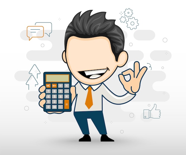 Happy business man holding calculator and showing okay finance concept in cartoon style