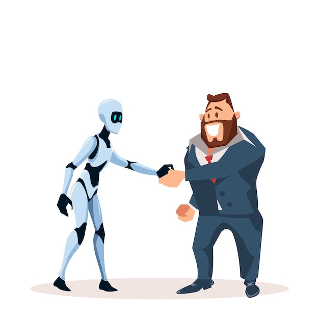 Vector happy business man in suit and robot shake hand