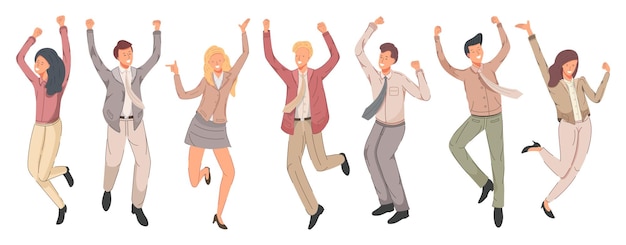 Happy business people rejoice and jump for joy vector illustration. Cheerful employees celebrating v