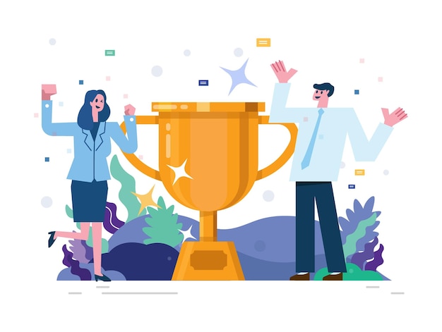 Happy business people with big prize winner cup and celebrating achievement Flat illustration vector design