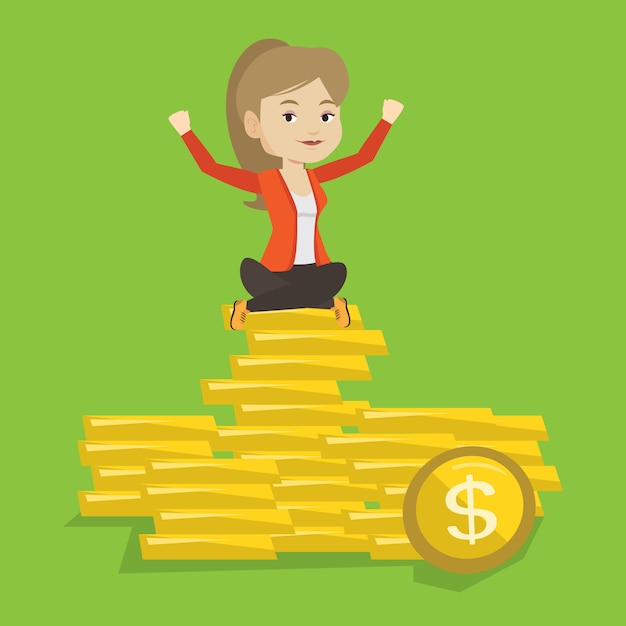 Happy business woman sitting on golden coins.