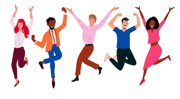 Happy business workers jumping celebrating success achievement. Office worker set, Cheerful corporate employees, Flat Cartoon characters isolated on a white background.