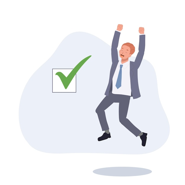 Happy businessman celebrate completed checkmark after finish responsible project vector illustration