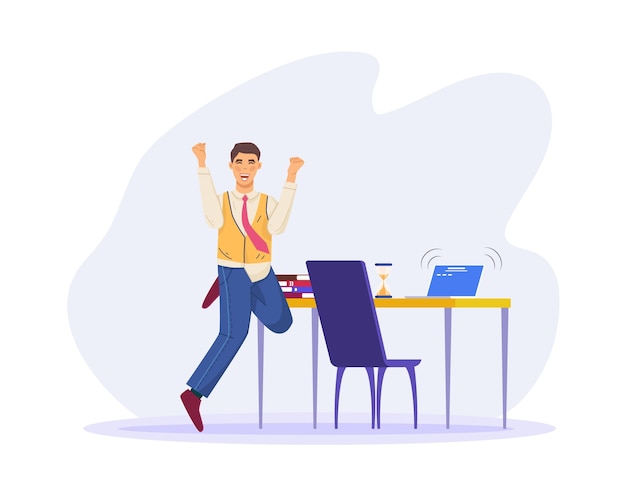 Vector happy businessman jumping triumphing with his fists raised