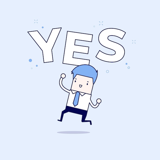 Happy Businessman jumping with the word Yes Cartoon character.