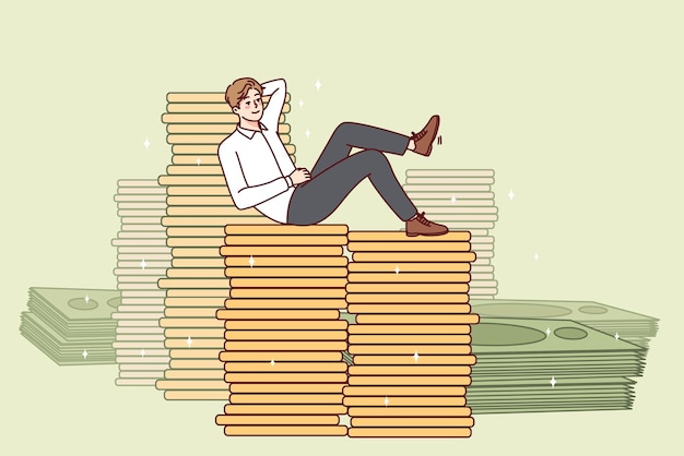 Happy businessman sitting on money stacks