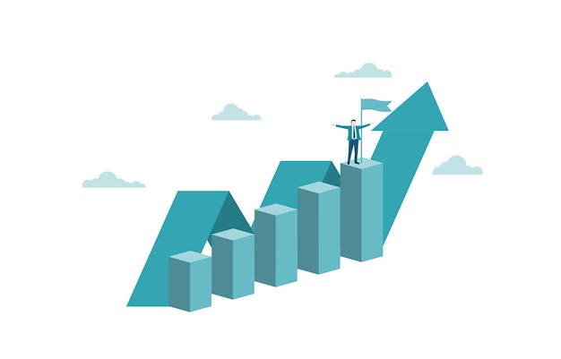 Happy businessman stands on the top of the graph. Business concept of goals, Success, Ambition, Opportunity, achievement, Challenge, Success for the businessman. Vector illustration flat