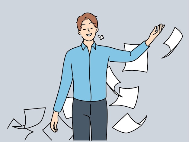 Happy businessman throw papers feel relieved