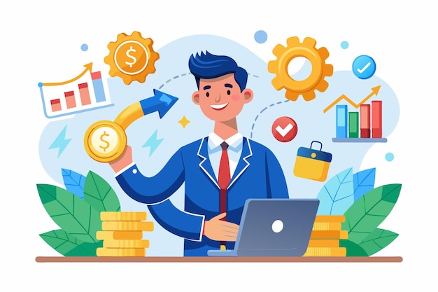 A happy businessman working on his laptop surrounded by positive financial indicators and symbols of success showcasing his ability to manage and grow his business effectively