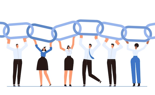 Happy businessmen as links of the business chain The concept of successful teamwork and cooperation Employees contribute to the common cause Cartoon flat 