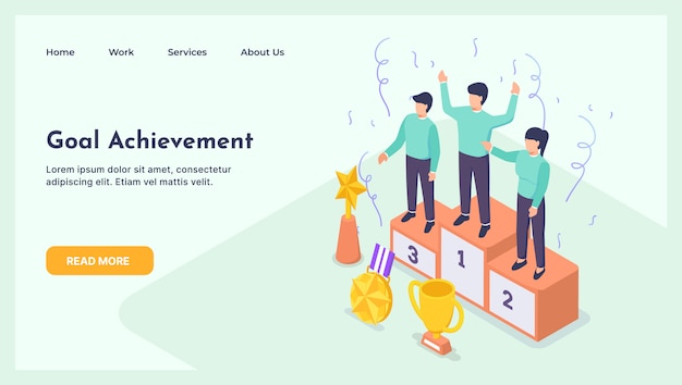 Happy Businessmen Standing on the Winning Podium with Award with modern isometric flat style landing page goal achievement