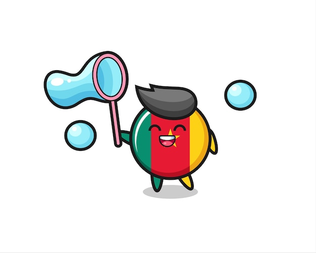 Happy cameroon flag badge cartoon playing soap bubble , cute style design for t shirt, sticker, logo element