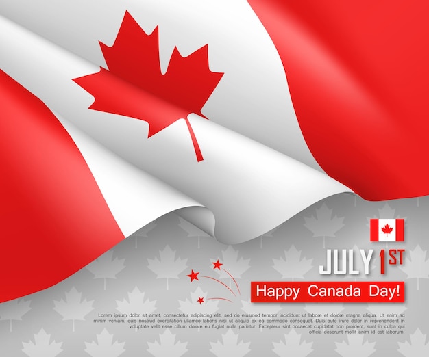 Happy Canada Day 1st of July festive design Congratulation template with realistic waving canadian flag and red maple leaf National patriotic and federal statutory holiday vector illustration