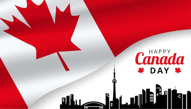 Happy Canada day background with national flag and city skyline