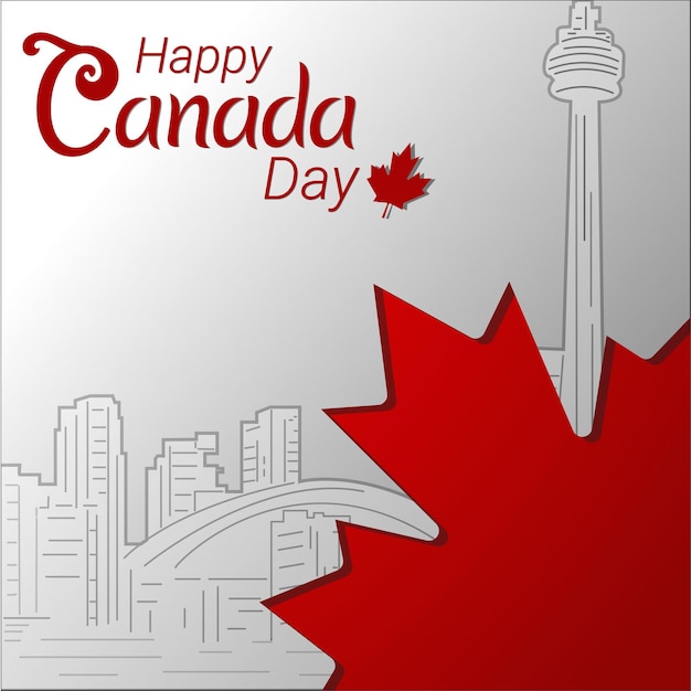 Happy Canada Day background with Toronto landmark and red maple leaf vector illustration paper art